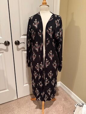 Black Cactus-Print Long Open Front Cardigan